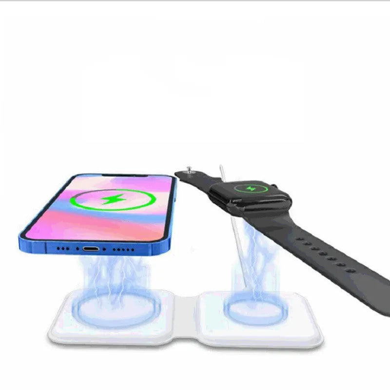 White foldable magnetic wireless charging dock showing dual charging pads for two phones