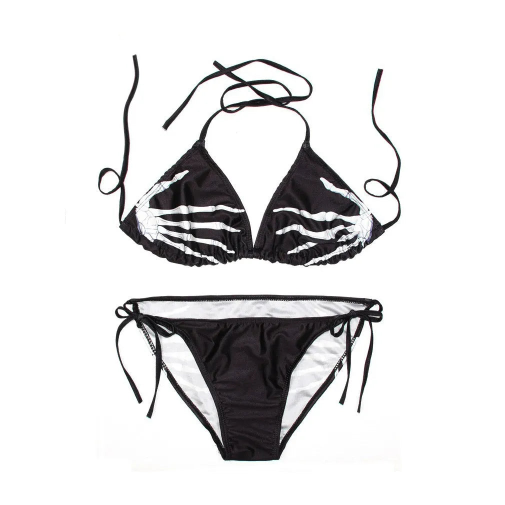 3D printed skull graphic finger bikini mini swimsuit in blue