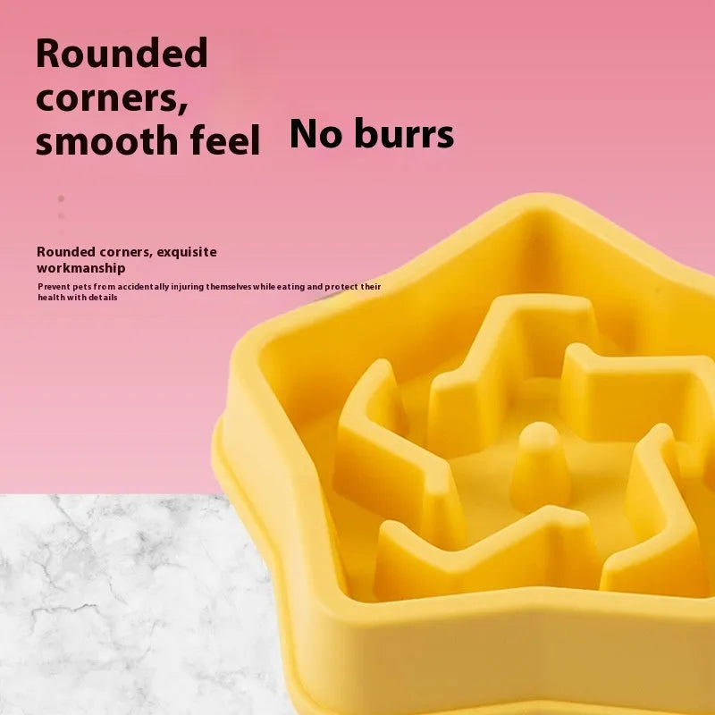 Yellow plastic dog slow feeder bowl with textured base, measuring 20.1 cm long.