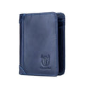 Men's brown leather bifold wallet open to show card slots, bill compartment, and secret pocket.