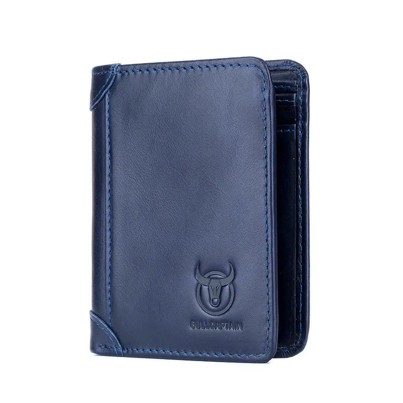 Men's brown leather bifold wallet open to show card slots, bill compartment, and secret pocket.