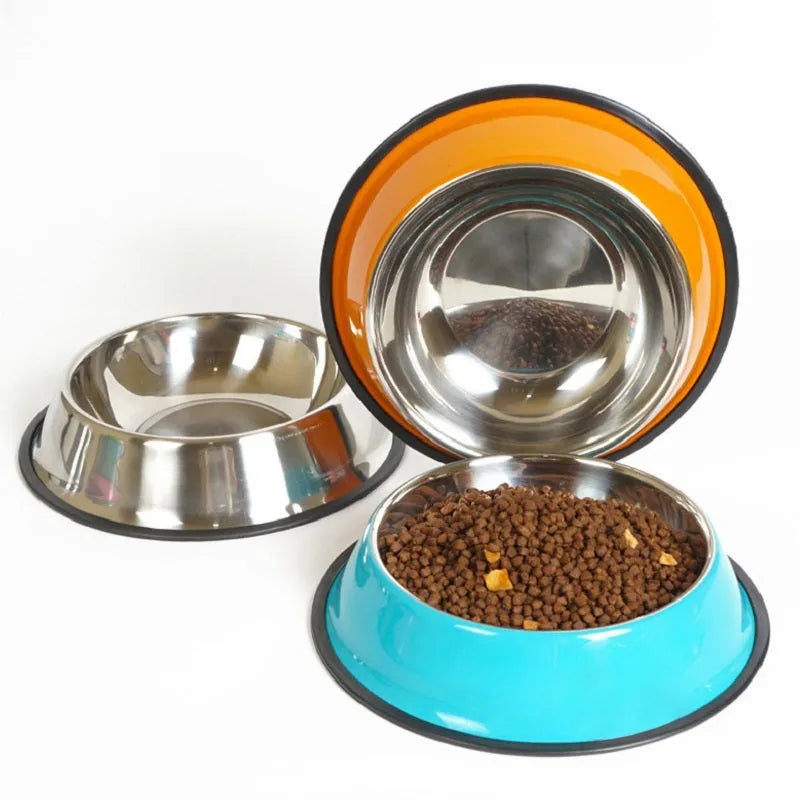 Stainless steel pet bowl with colourful melamine exterior showing dual compartment design