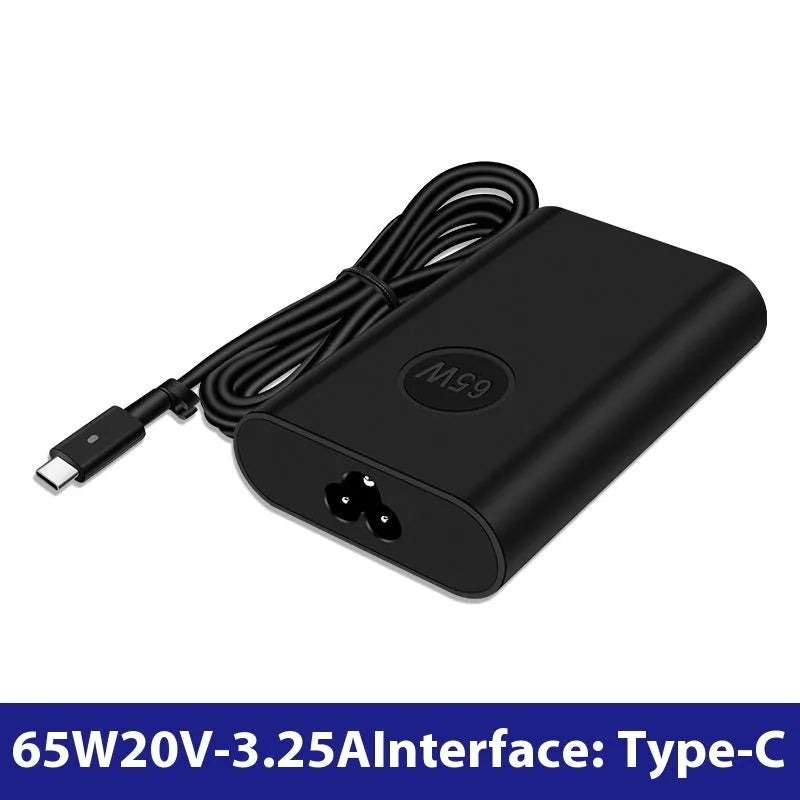 Black 65W Type-C laptop power adapter with multiple international plug heads on a white background.