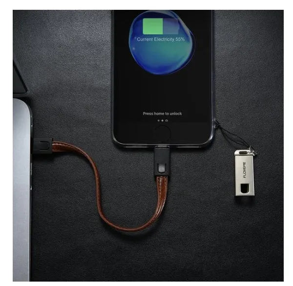 20cm leather USB C to Lightning charging cable with zinc alloy connector in black colour