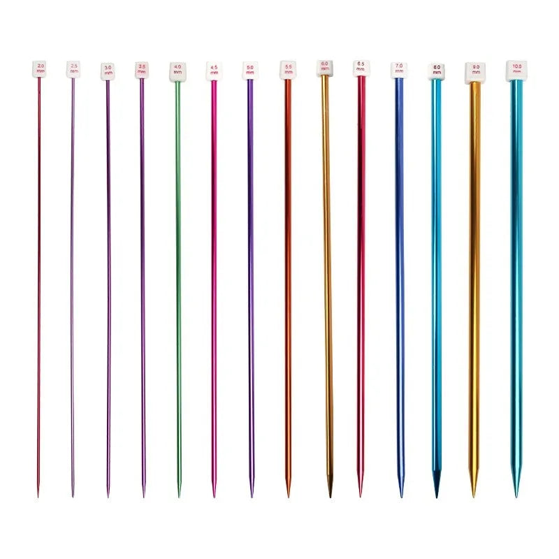 Extended aluminium crochet hook set with protective end caps in multiple sizes