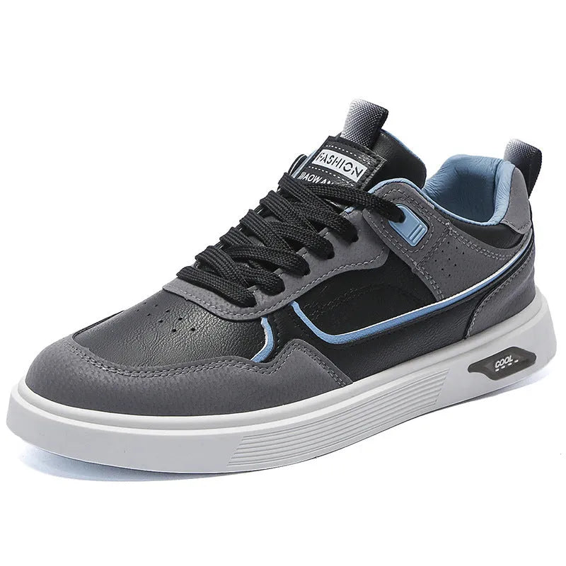Men's low-top canvas board shoes in beige with leather stitching and mesh lining.
