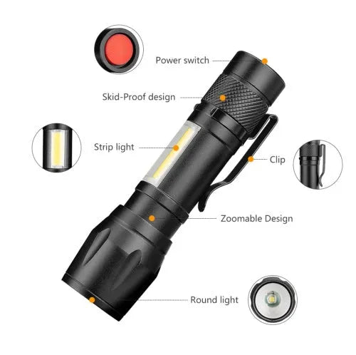 Black mini aluminium alloy telescopic LED flashlight with zoom focus and pocket clip.