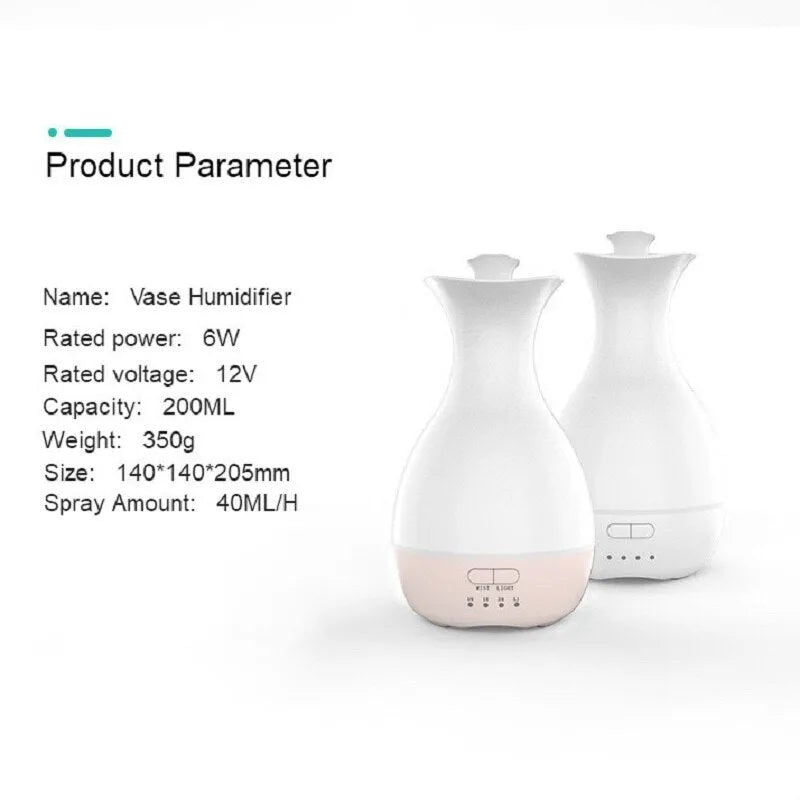 White or pink ultrasonic essential oil diffuser with 200ml tank, night light, and control buttons.