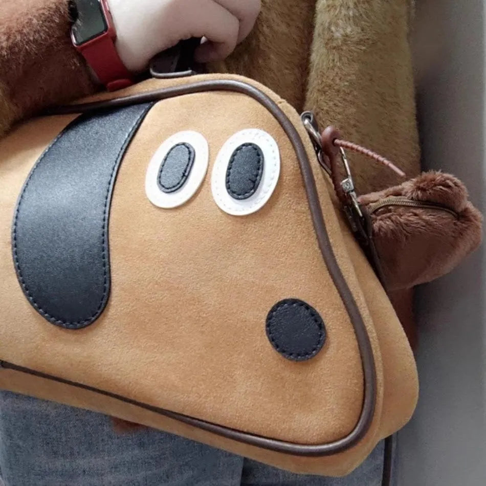 Virtue Pull sausage dog crossbody shoulder bag in toast brown colour, cotton material, large capacity, zipper closure.