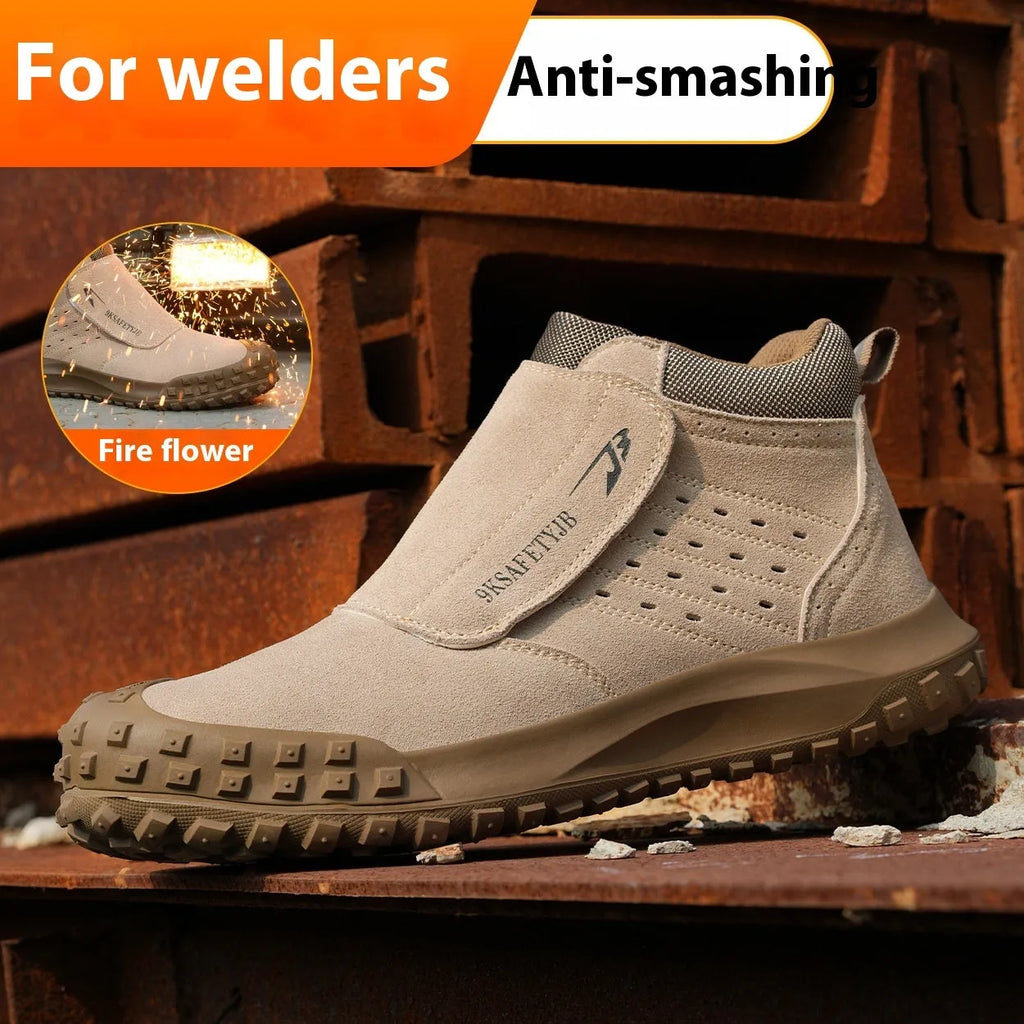 Lightweight steel toe cap safety shoes in sand colour with lace-up closure for industrial work