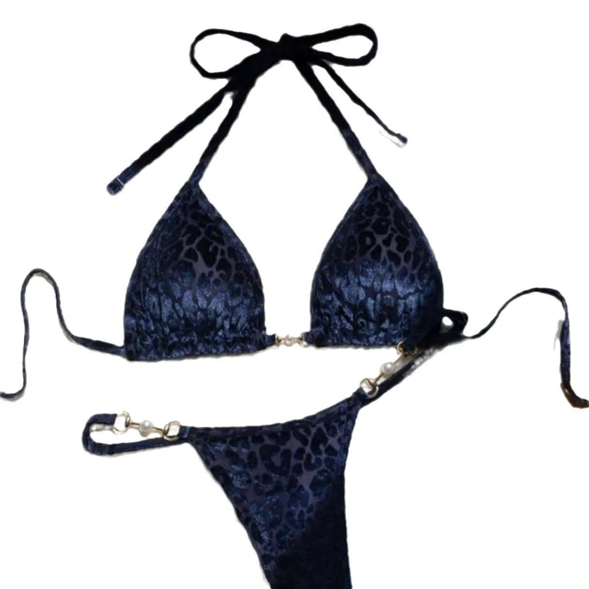 Blue leopard print women's bikini set on a mannequin, showing triangle top and briefs style.
