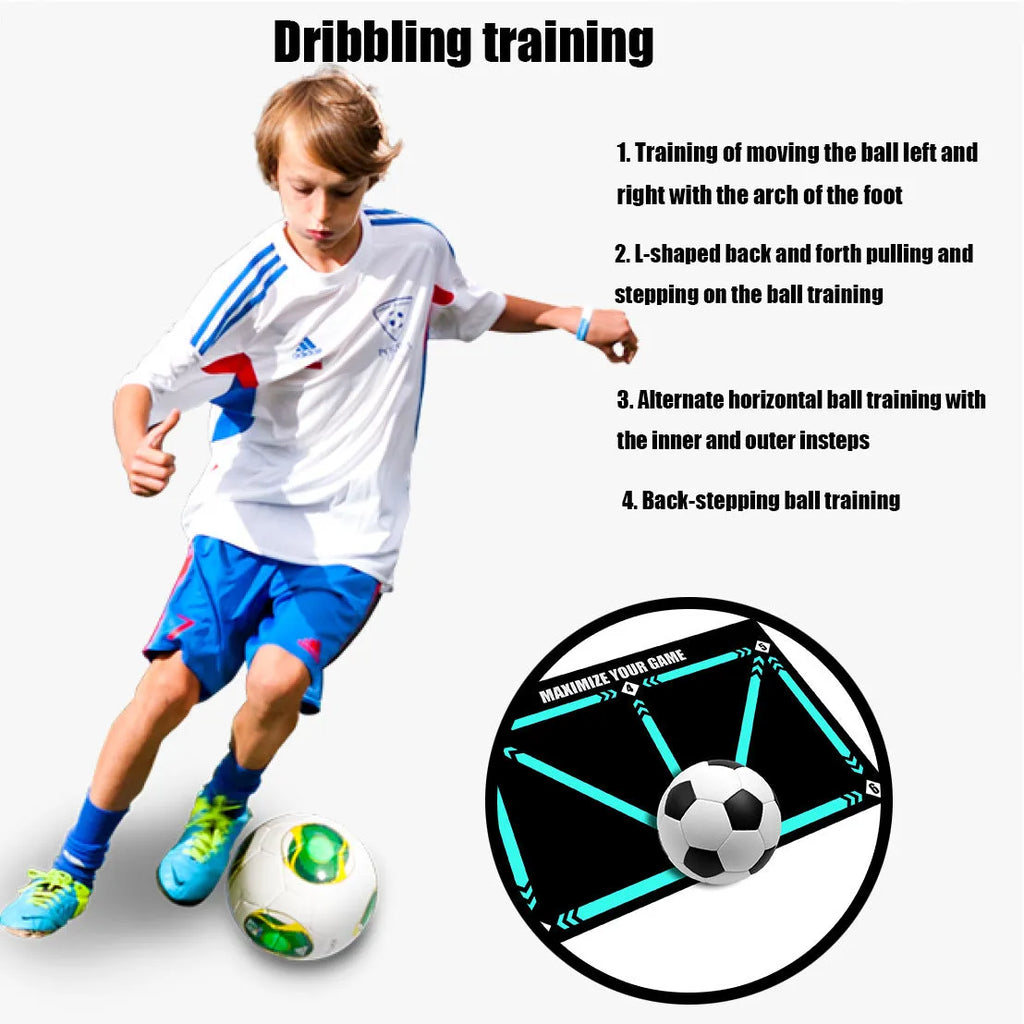 Black rectangular football training mat with non-slip backing measuring 60cm by 90cm