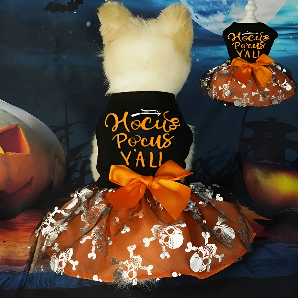 Black Halloween skull pet costume princess style polyester in S M L XL sizes