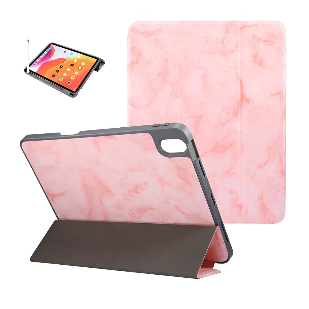 Tri-fold imitation leather iPad case with marbling pattern and a visible pen slot on the side.