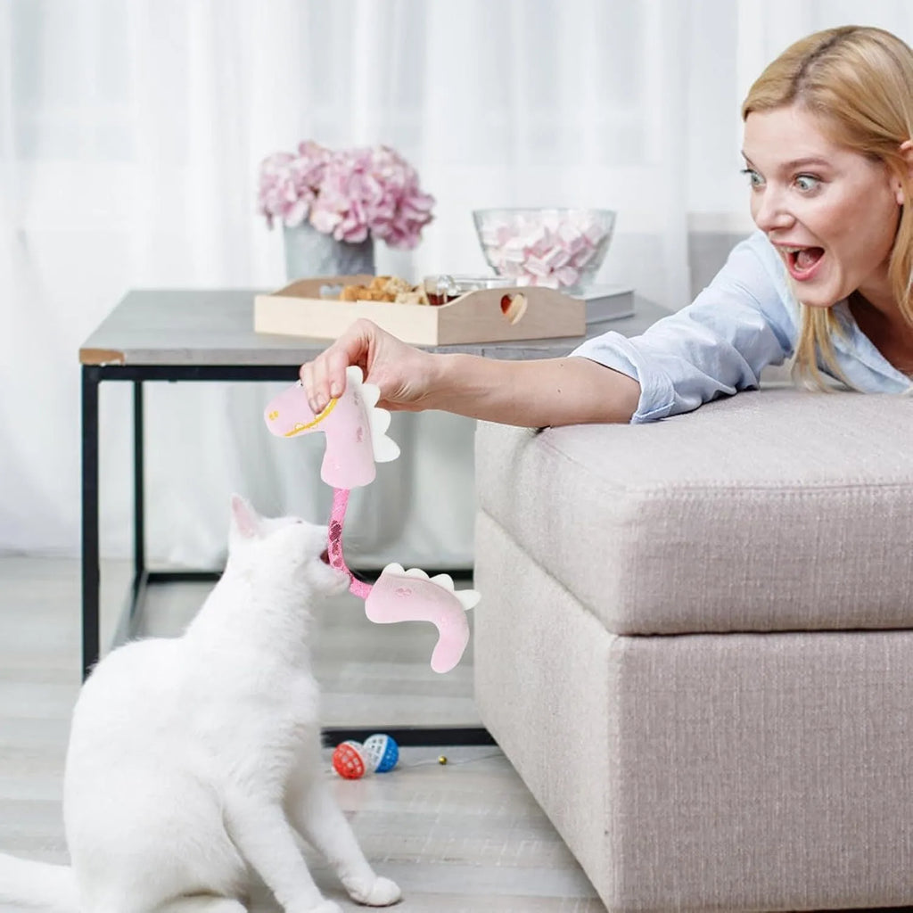 Set of four cat toys including plush fish, bunny, mouse shapes with rope toys and springs