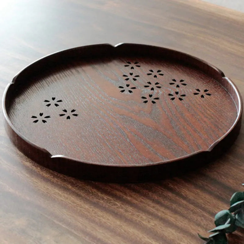 Japanese cherry blossom shallow wooden dessert plate with hollow sakura patterns measuring 30x2cm