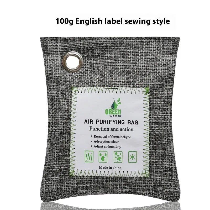 Bamboo charcoal air purifier bag in breathable fabric for formaldehyde removal.