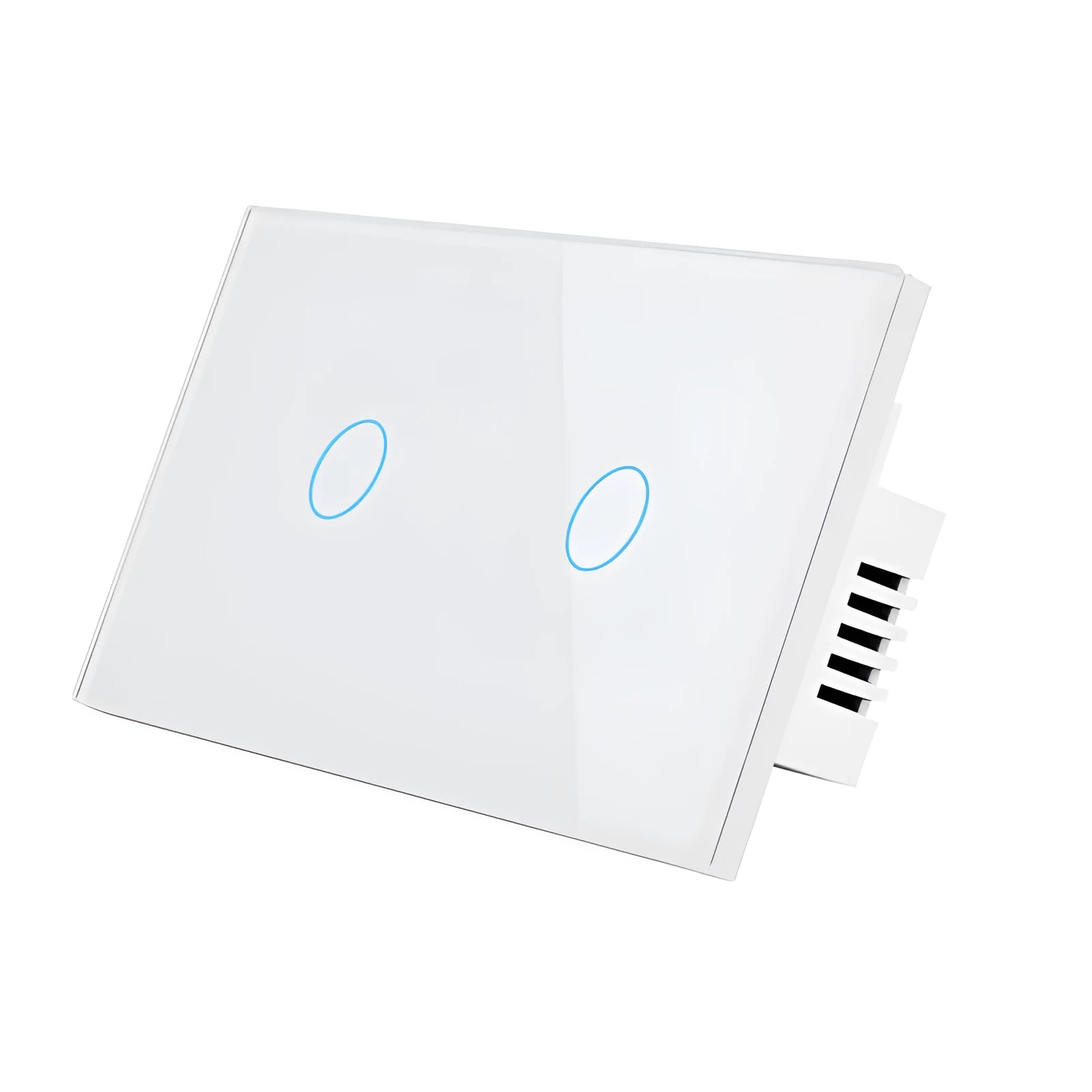 2-gang RF touch light switch with tempered glass panel in white colour showing touch controls