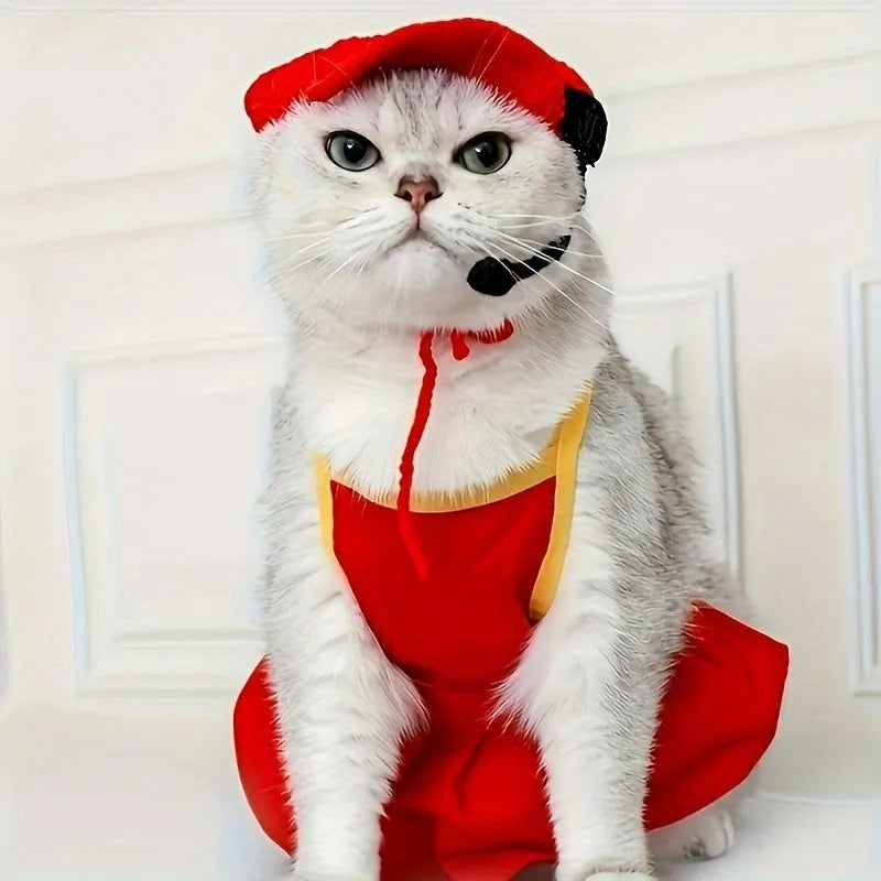 Handmade soft cotton knitted sweater and matching chef hat for a small cat or dog.