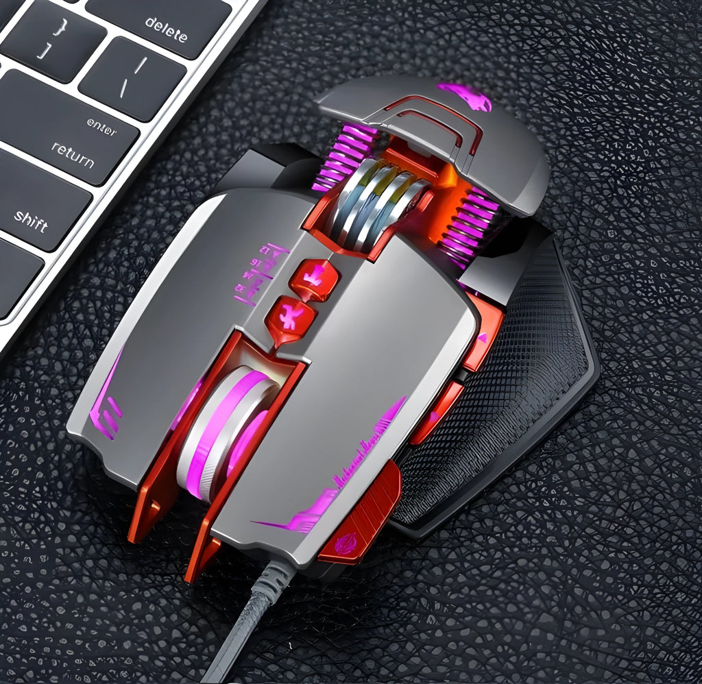 Thunder Wolf V9 wired gaming mouse in black or grey on a desk, showing six buttons and USB cable.