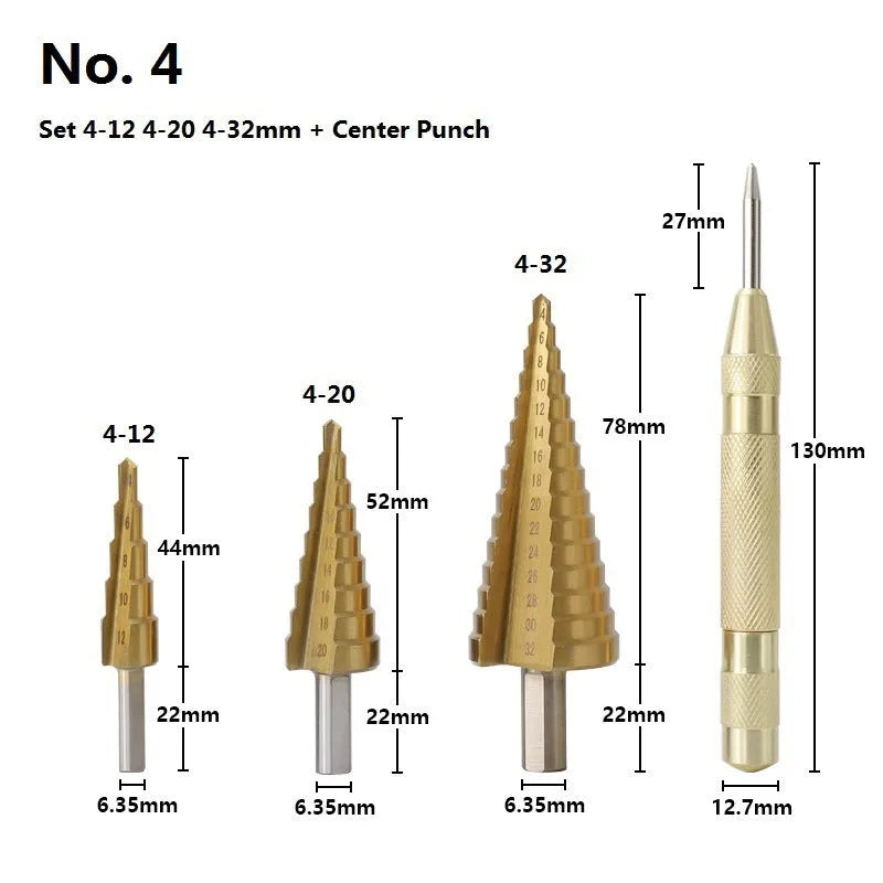 High speed steel step drill bits and centre punch set for metalworking with size markings