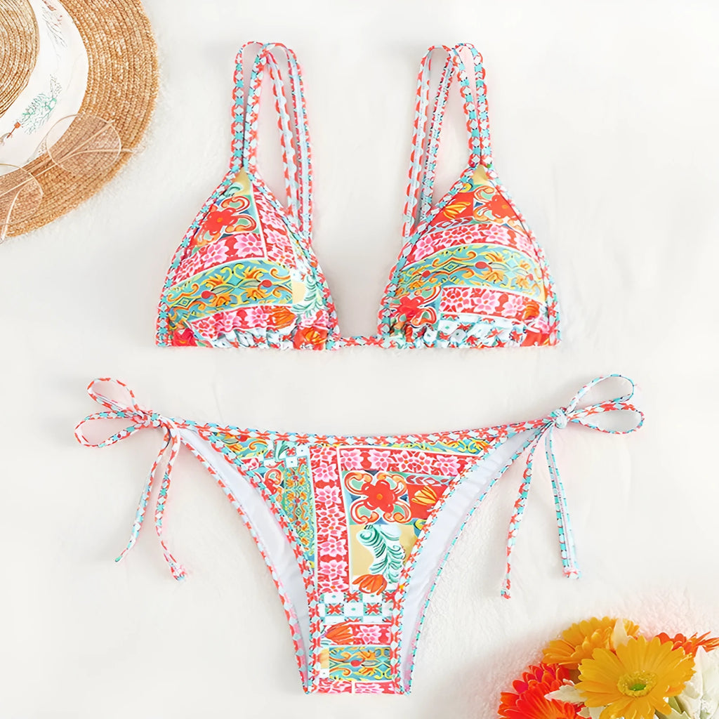 Women's lace-up split swimsuit with backless design and high-cut briefs in picture colour