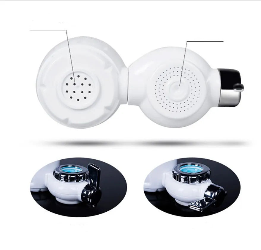 White kitchen tap water filter with ceramic cartridge showing switchable flow control and universal adapter fittings