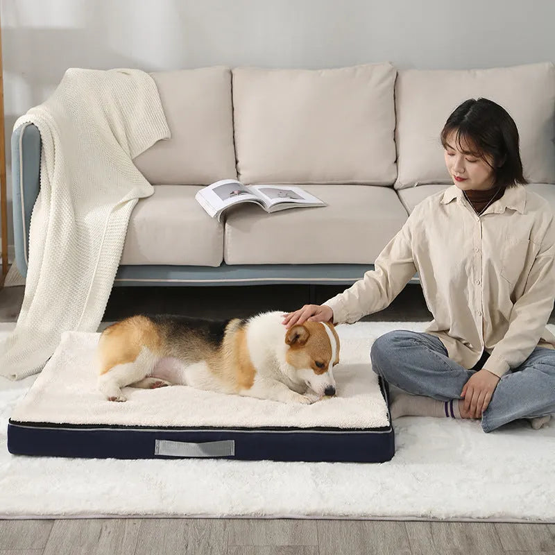 Removable washable sponge dog bed mat in brown, shown in a 90x70cm size.