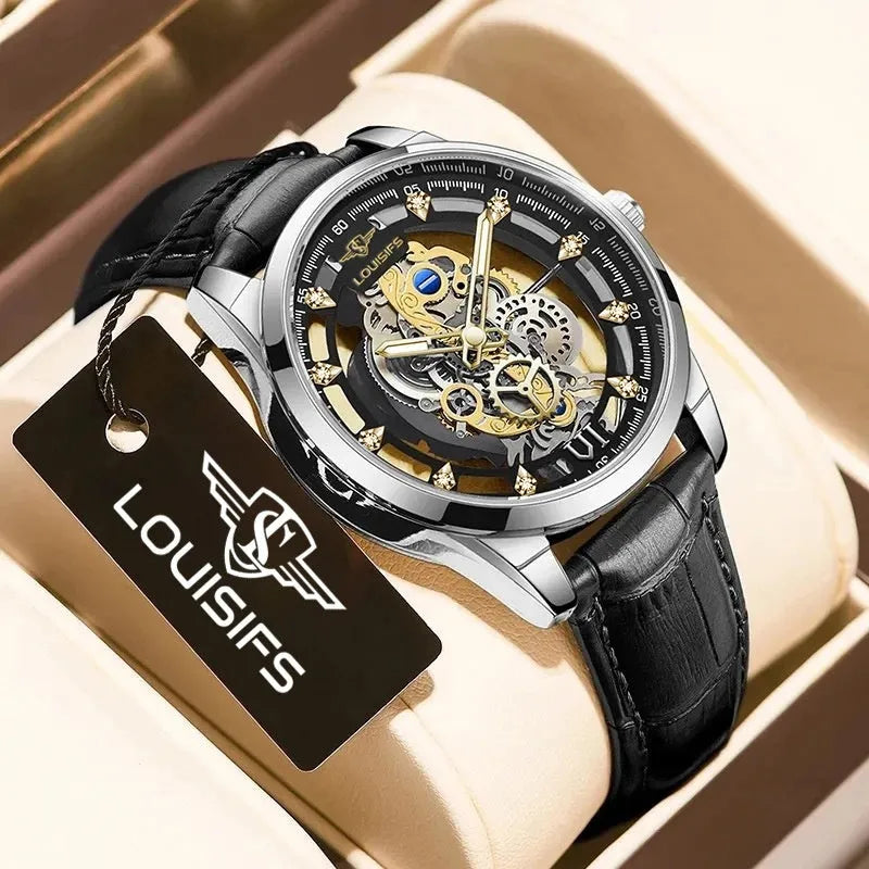 Men's Swiss quartz business watch with gold case and brown leather strap showing 12mm thickness