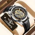 Men's Swiss quartz business watch with gold case and brown leather strap showing 12mm thickness