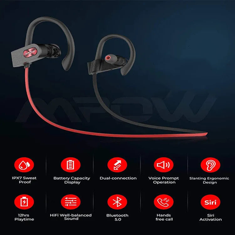 Red hanging ear Bluetooth headset showing bilateral earpieces design