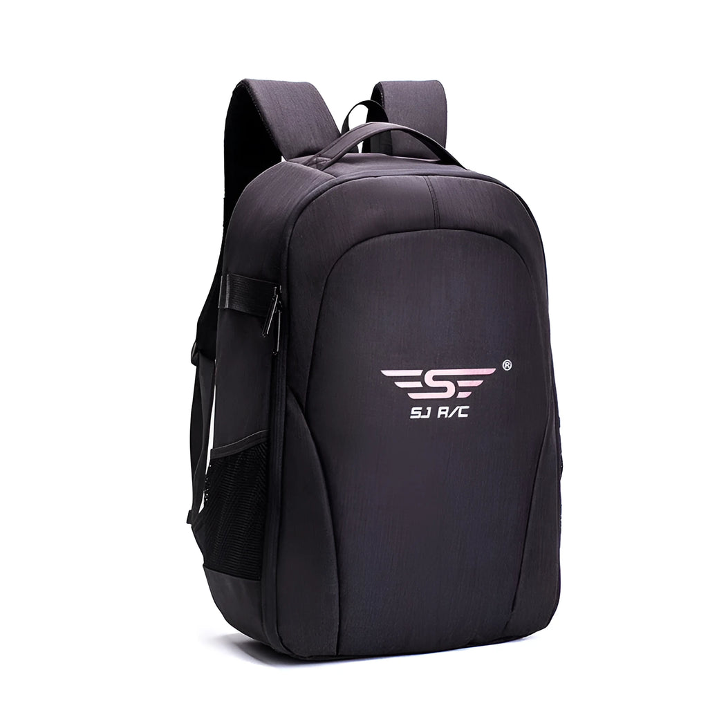 Black Oxford cloth drone backpack showing multiple internal compartments for camera and laptop storage