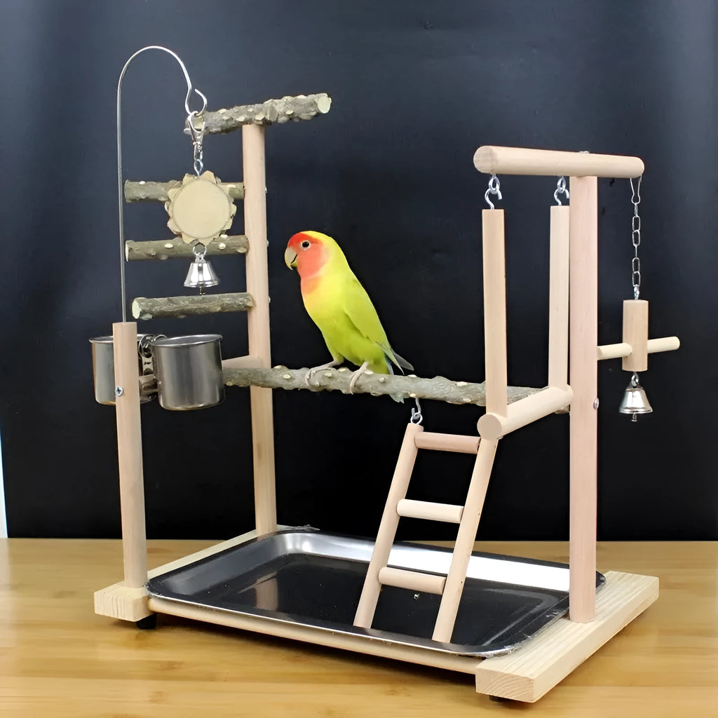 Pepper wood parrot stand with platform, pole, and attached patterned chew toys
