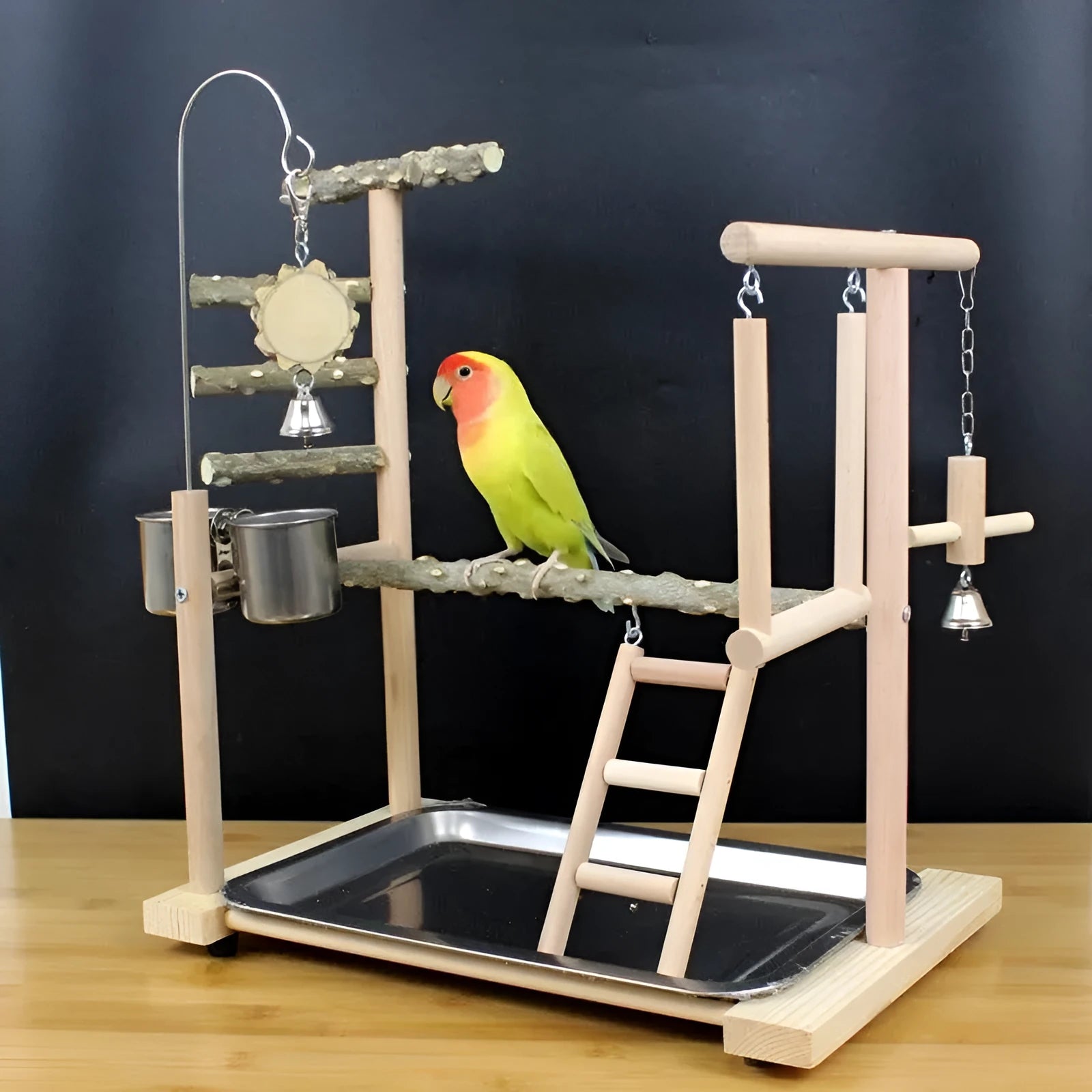 Pepper wood parrot stand with platform, pole, and attached patterned chew toys