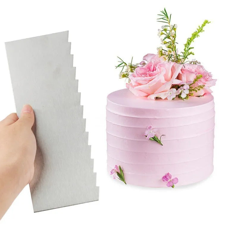 Stainless steel cake scraper with a polygon-patterned edge for textured icing.