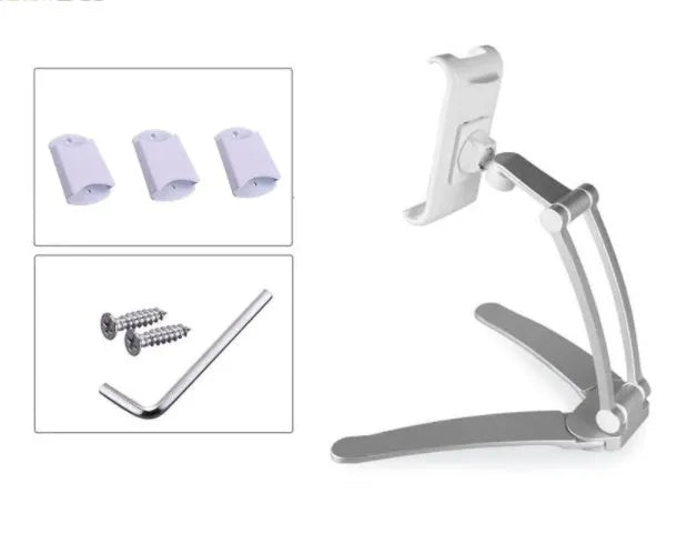 Silver aluminium alloy desktop tablet stand with adjustable white mount holding a tablet