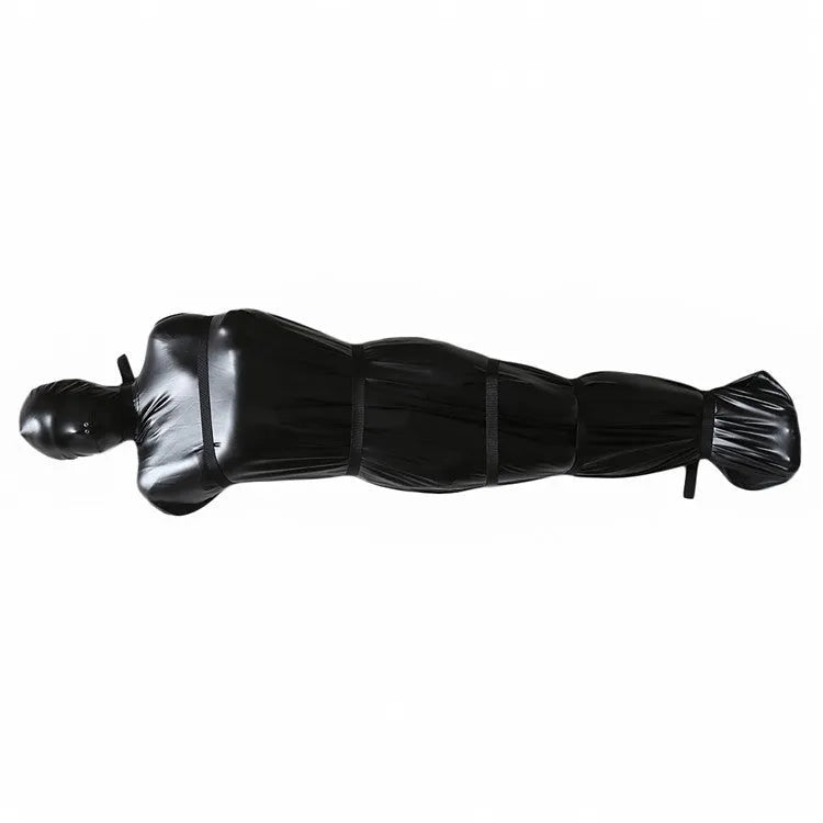 Black patent leather bondage set with nostril clothes and six ratchet tie down straps