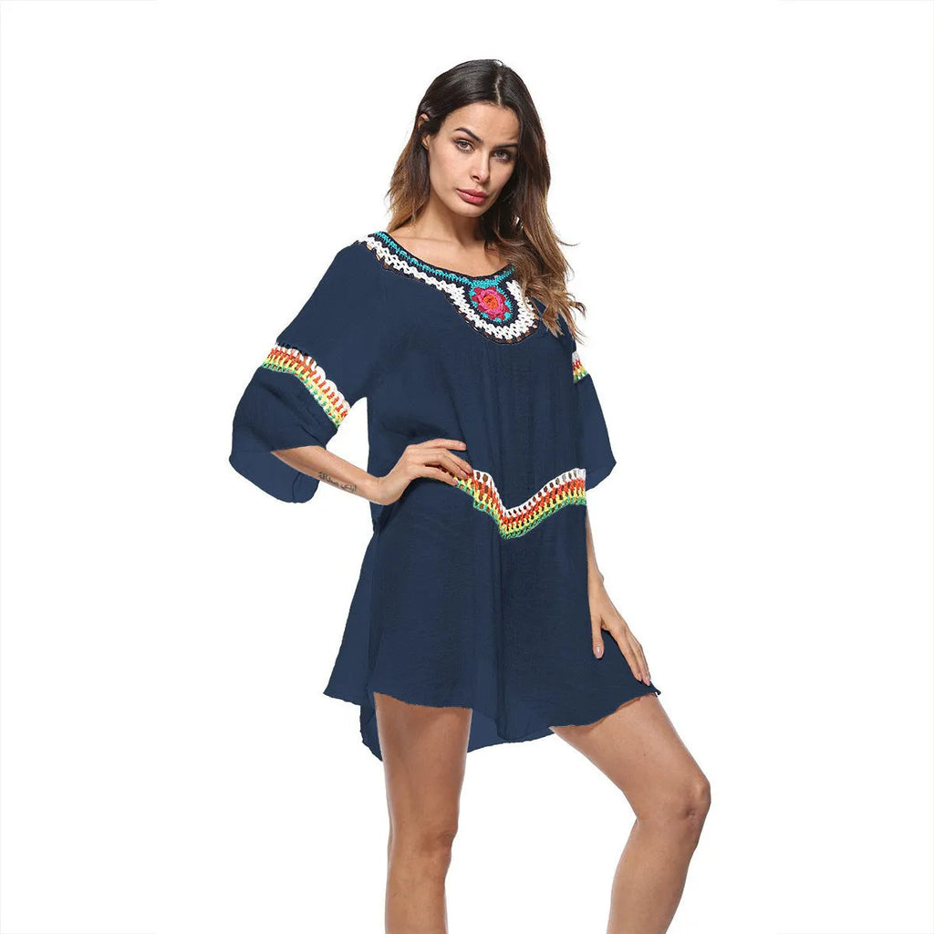 Crocheted ethnic style sun protection beach cover-up for women in apricot colour.