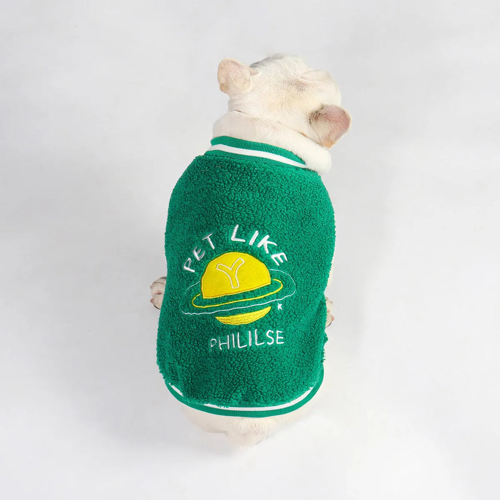 Green fleece-lined winter coat for dogs on larger breed in cotton fabric
