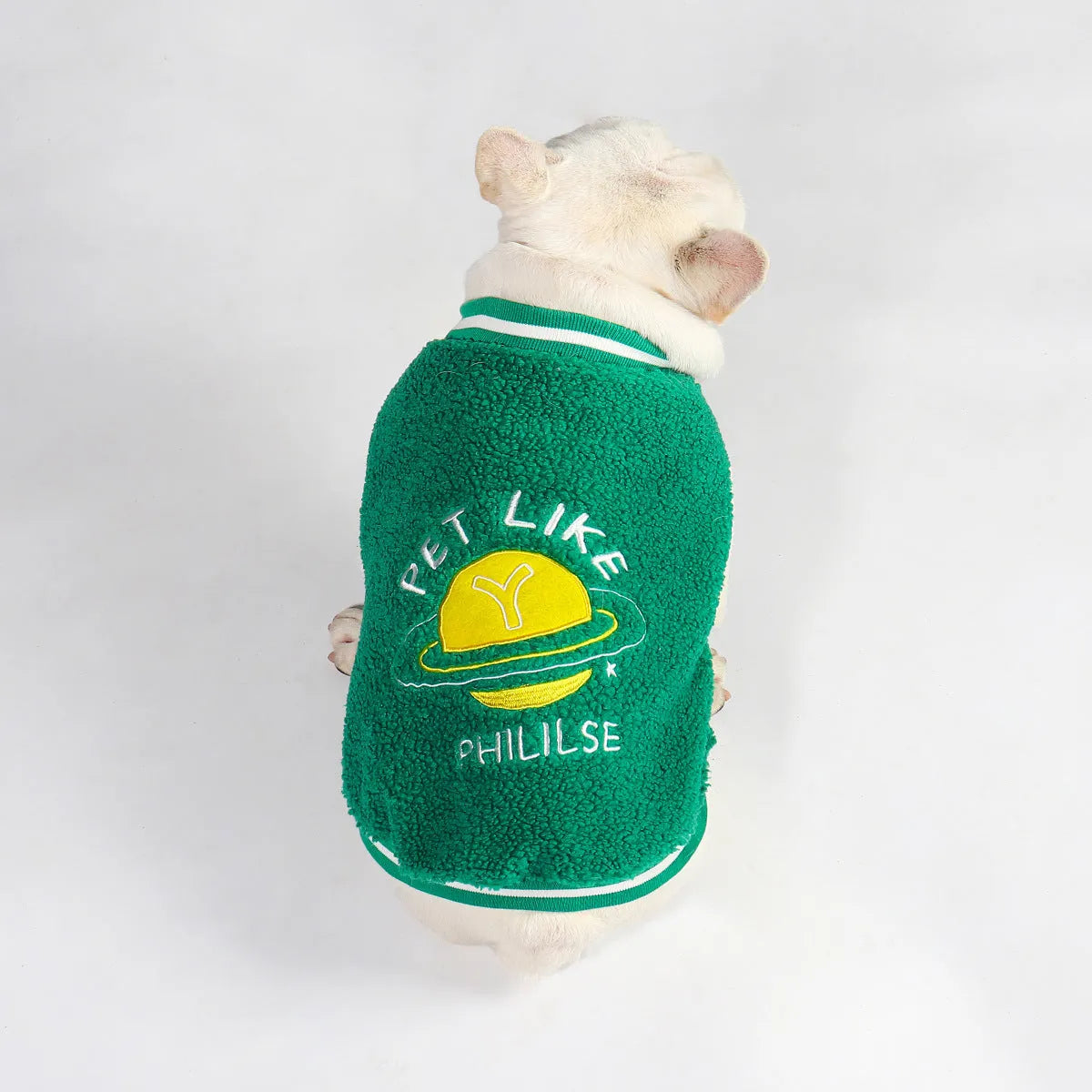 Green fleece-lined winter coat for dogs on larger breed in cotton fabric