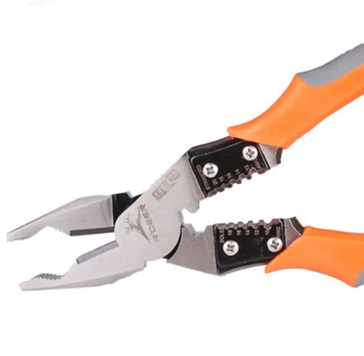 Orange-handled 9-inch multi-function wire cutter pliers with chrome steel jaws on a workbench.