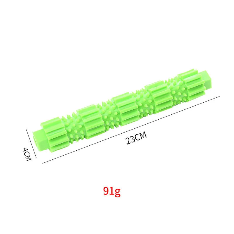 Green and orange natural rubber dog chew toy with treat holes and squeaker for small to medium aggressive chewers.