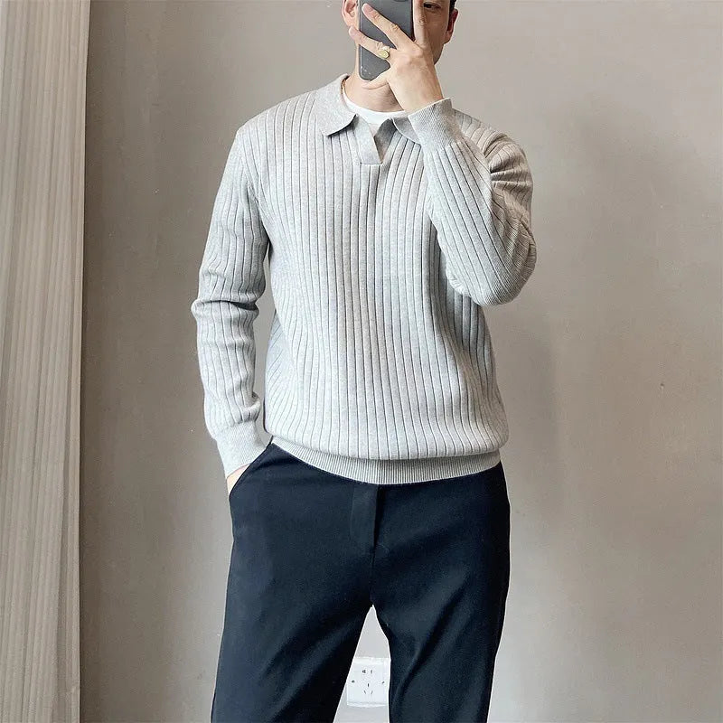 Men's loose grey striped lapel knitted sweater on a hanger
