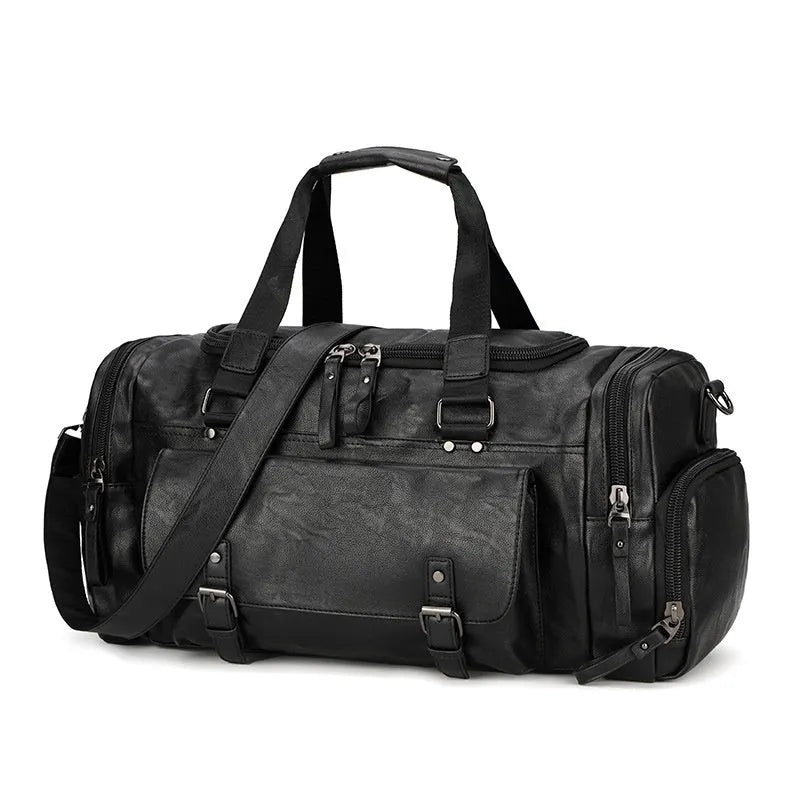 Black PU travel bag for shoes with zippered compartment showing dimensions 52cm long by 19cm wide