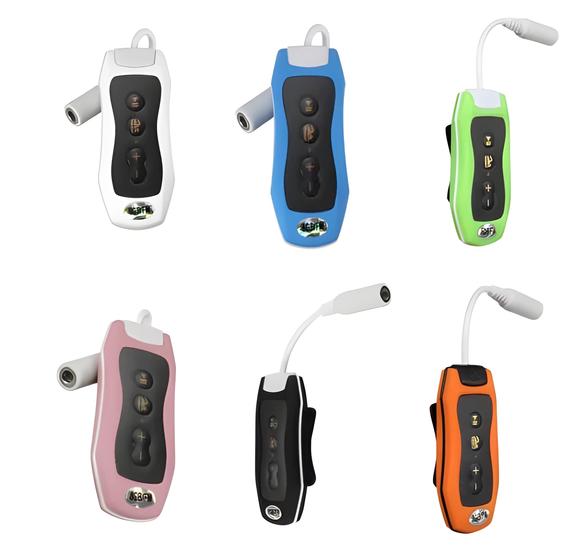 Compact black Bluetooth MP3 headset with USB cable, shown next to scale for size.
