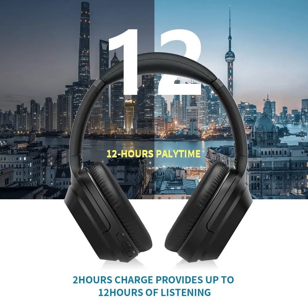 Black Gorsun E98 over-ear wireless Bluetooth headphones with memory-protein ear cushions and adjustable stainless steel headband.
