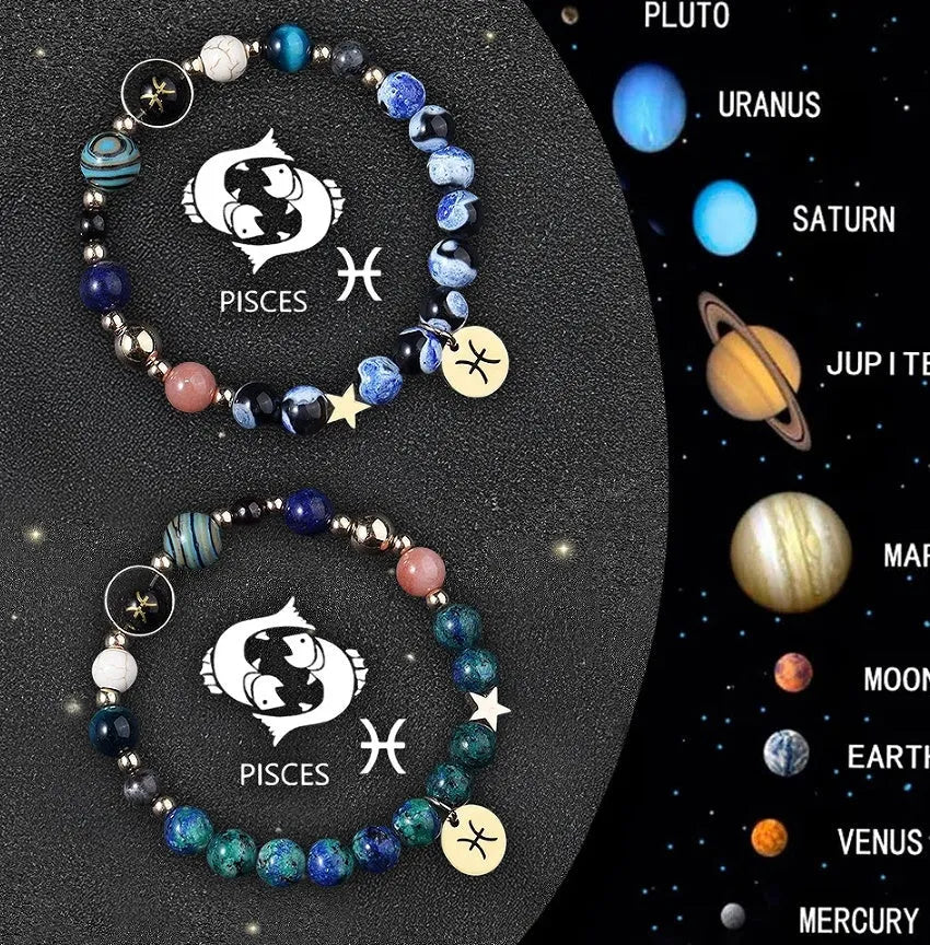 Set of two natural stone beaded bracelets featuring all twelve zodiac signs on elastic cord.