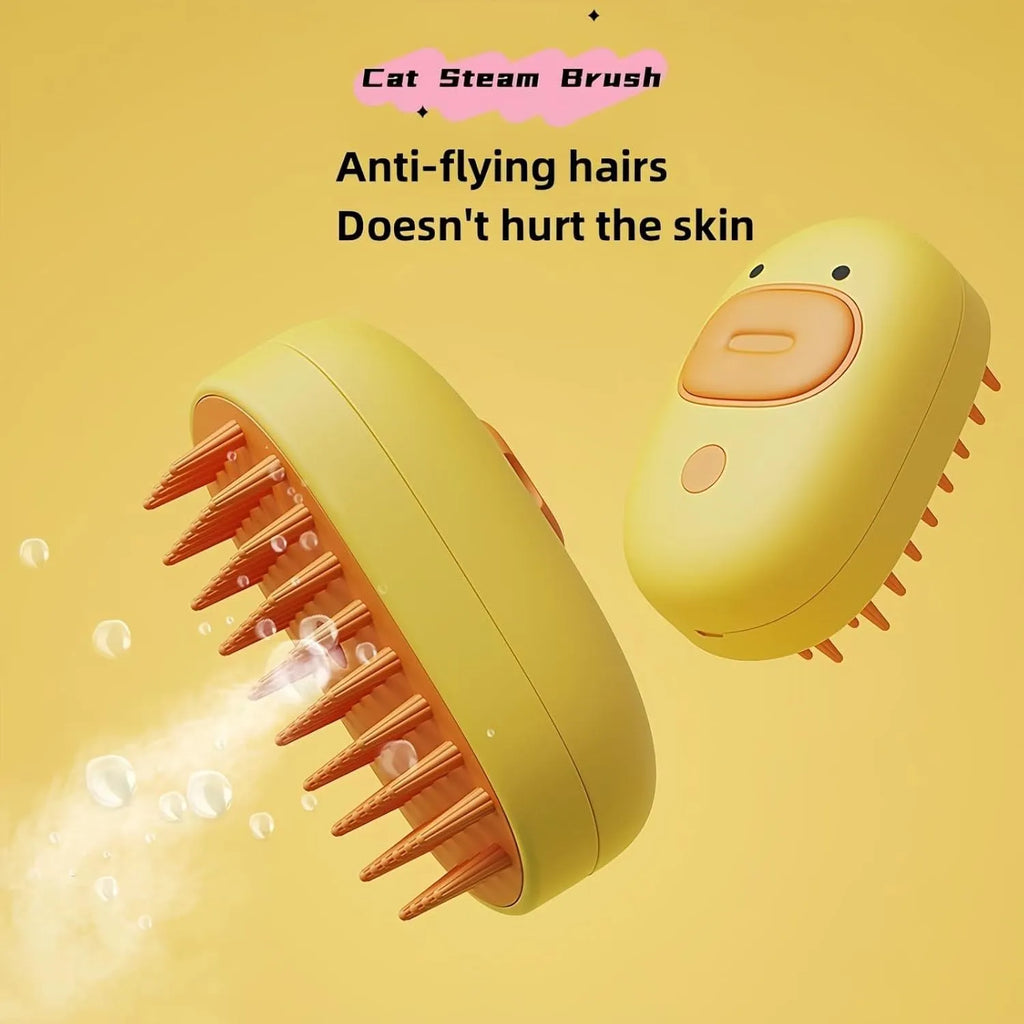 White and yellow rechargeable steam pet brush for dogs and cats with water tank