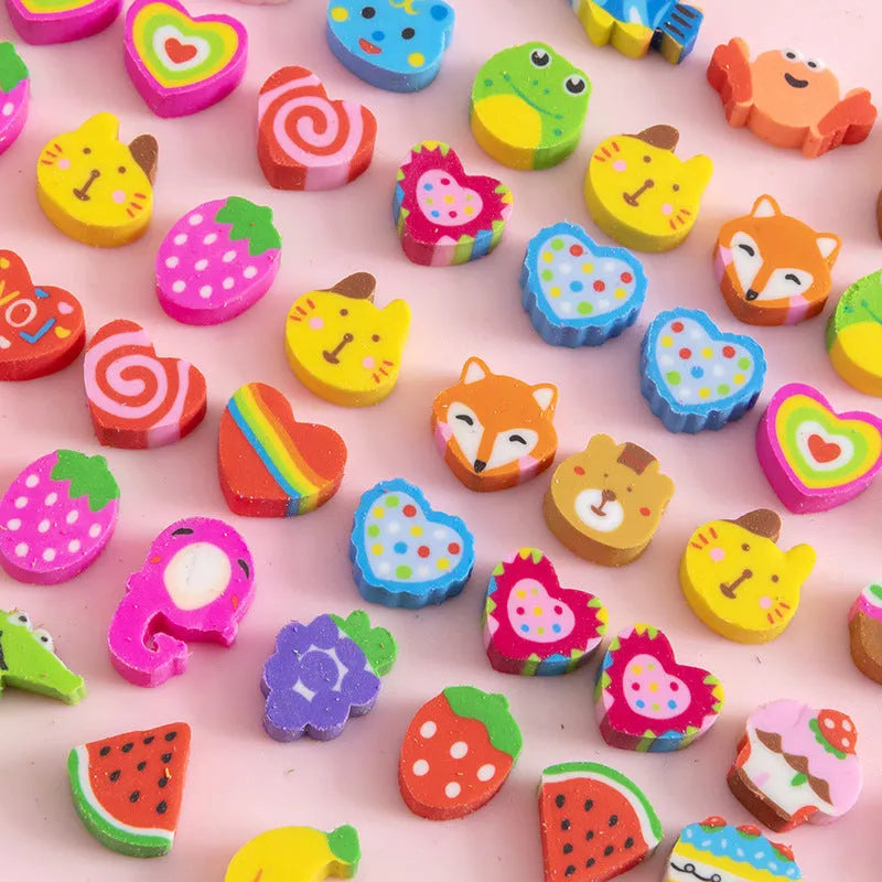 50 small colourful cartoon erasers featuring fruit, animal, cake, and theme designs in a pearlescent bag.
