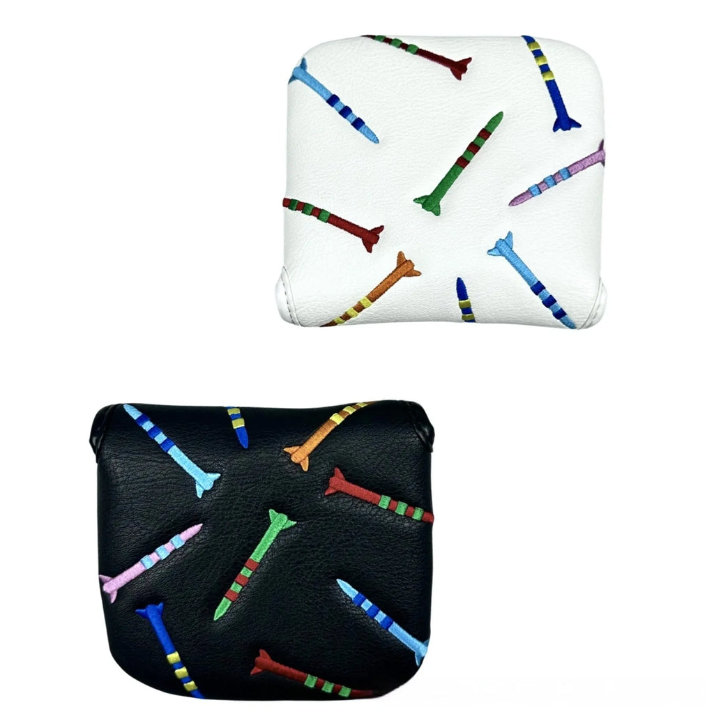 Black golf putter protective sleeve with white rocket pattern designed for square club heads.